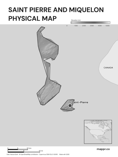 Map featuring Saint-Pierre, the capital of Saint Pierre and Miquelon, with rich topographical detail (black and white).