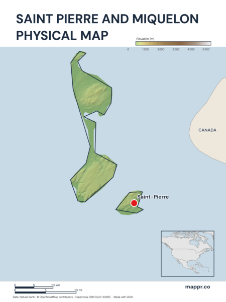 Map featuring Saint-Pierre, the capital of Saint Pierre and Miquelon, with rich topographical detail.