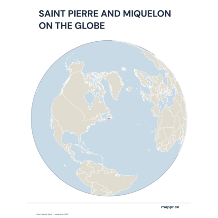 A map highlighting Saint Pierre and Miquelon's location on a globe, marked with a red outline.