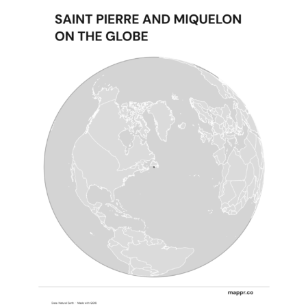 A map highlighting Saint Pierre and Miquelon's location on a globe, marked with a red outline (black and white).