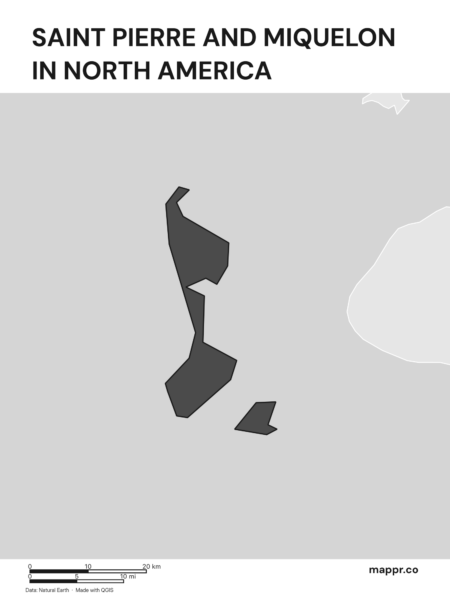 A map highlighting Saint Pierre and Miquelon's location on the north american continent (black and white).