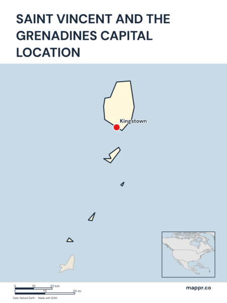 Detailed map pinpointing Kingstown, the capital of Saint Vincent and the Grenadines.