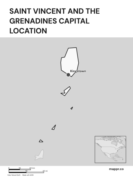 Detailed map pinpointing Kingstown, the capital of Saint Vincent and the Grenadines (black and white).