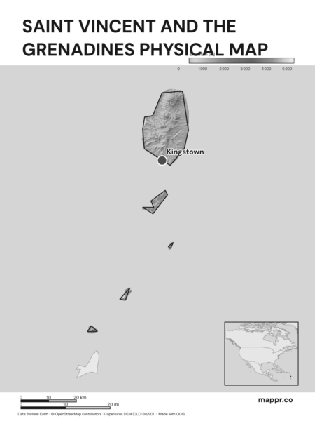 Map featuring Kingstown, the capital of Saint Vincent and the Grenadines, with rich topographical detail (black and white).