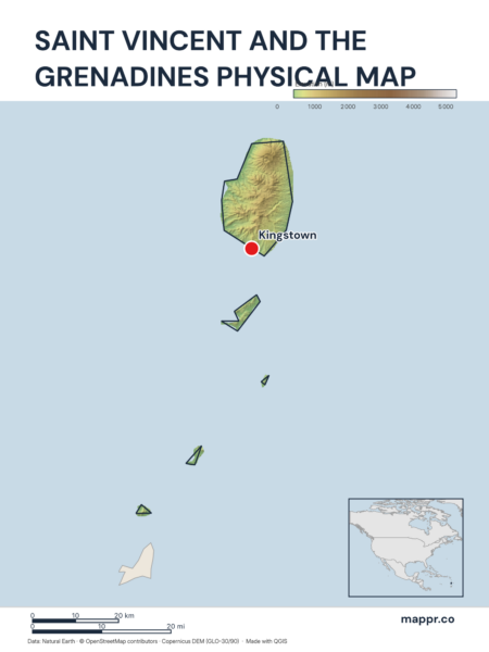 Map featuring Kingstown, the capital of Saint Vincent and the Grenadines, with rich topographical detail.