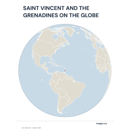 A map highlighting Saint Vincent and the Grenadines's location on a globe, marked with a red outline.