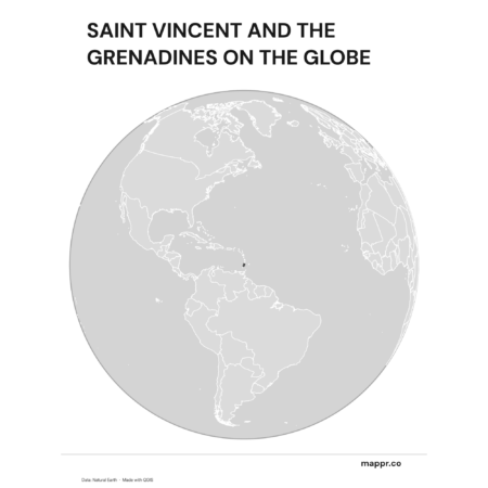 A map highlighting Saint Vincent and the Grenadines's location on a globe, marked with a red outline (black and white).