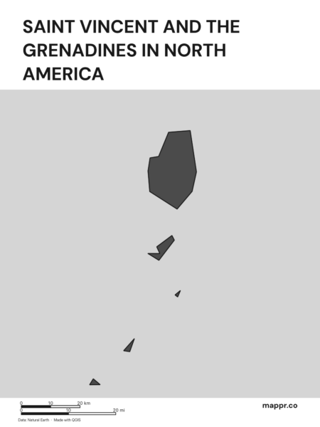 A map highlighting Saint Vincent and the Grenadines's location on the north american continent (black and white).