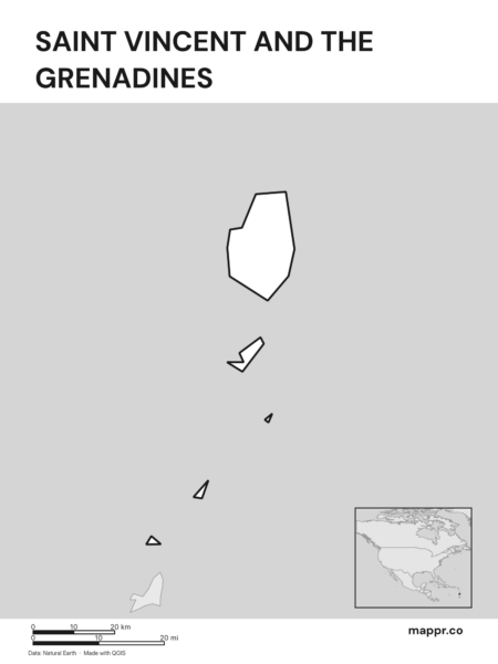 Outline map of Saint Vincent and the Grenadines with detailed country borders (black and white).