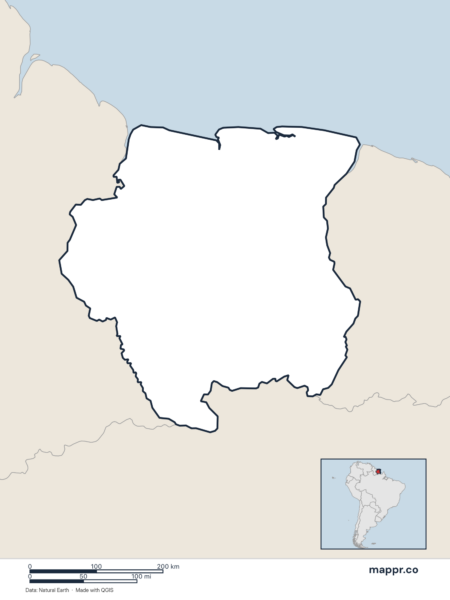 Blank political map of Suriname showing its international borders without labels.