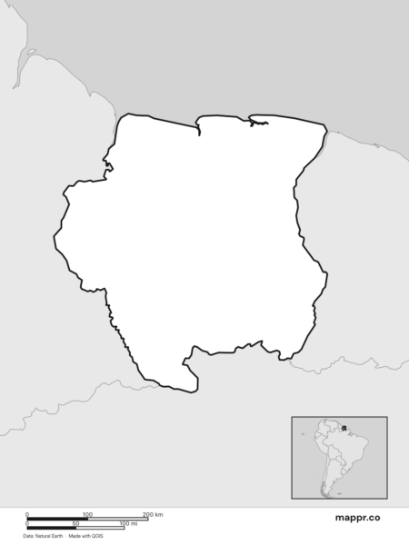 Blank political map of Suriname showing its international borders without labels (black and white).