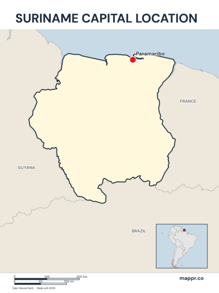 Detailed map pinpointing Paramaribo, the capital of Suriname.
