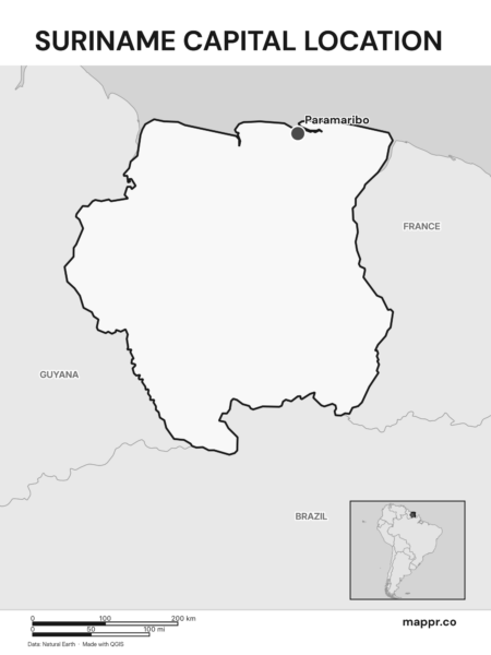 Detailed map pinpointing Paramaribo, the capital of Suriname (black and white).
