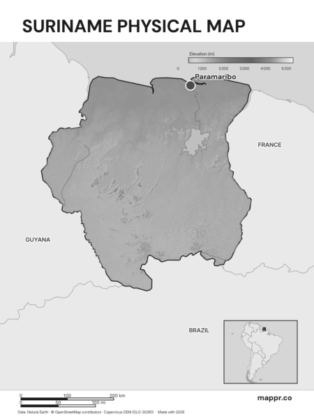 Map featuring Paramaribo, the capital of Suriname, with rich topographical detail (black and white).