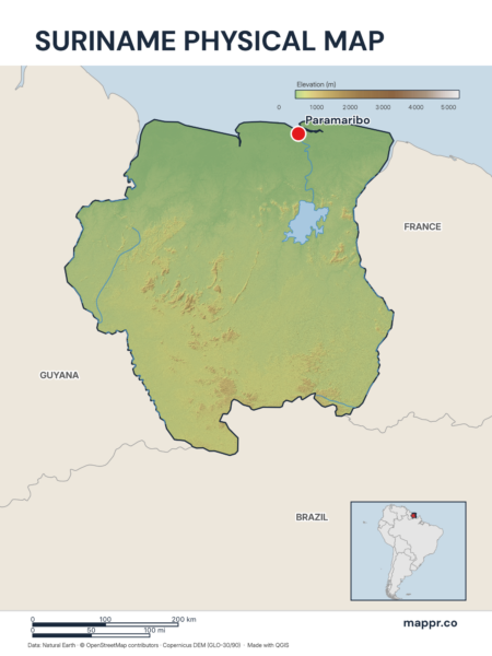 Map featuring Paramaribo, the capital of Suriname, with rich topographical detail.