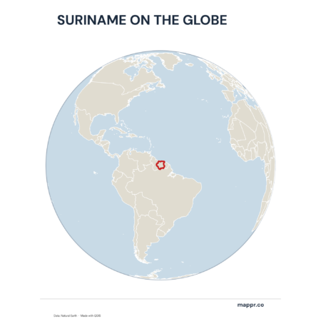 A map highlighting Suriname's location on a globe, marked with a red outline.
