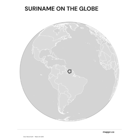 A map highlighting Suriname's location on a globe, marked with a red outline (black and white).