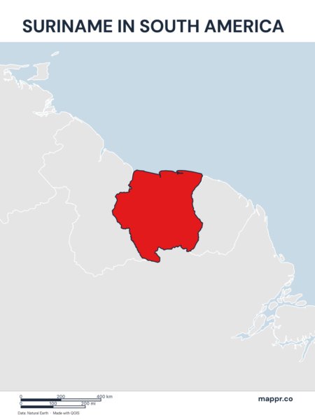 A map highlighting Suriname's location on the south american continent.
