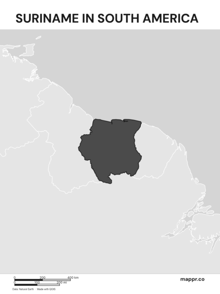 A map highlighting Suriname's location on the south american continent (black and white).