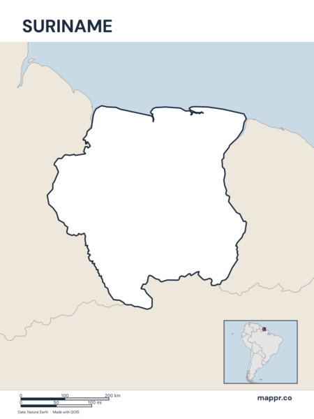 Outline map of Suriname with detailed country borders.