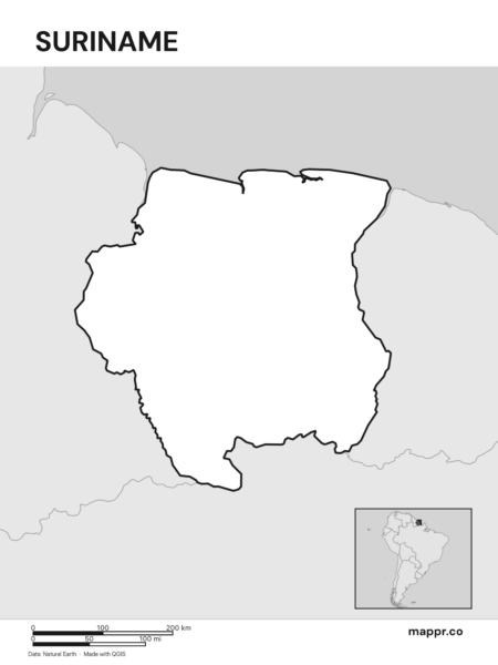 Outline map of Suriname with detailed country borders (black and white).