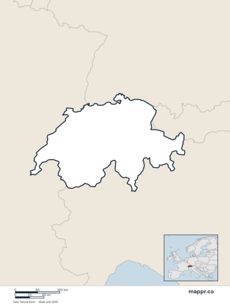 Blank political map of Switzerland showing its international borders without labels.