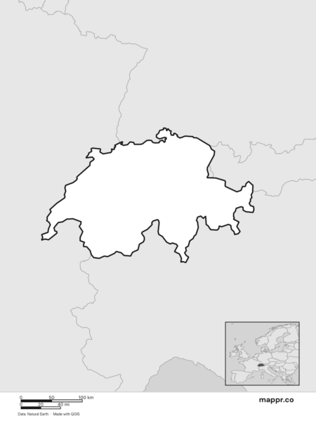Blank political map of Switzerland showing its international borders without labels (black and white).
