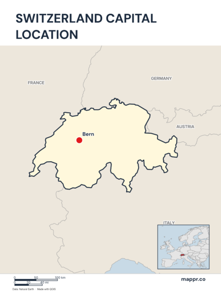 Detailed map pinpointing Bern, the capital of Switzerland.