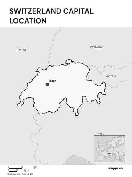 Detailed map pinpointing Bern, the capital of Switzerland (black and white).