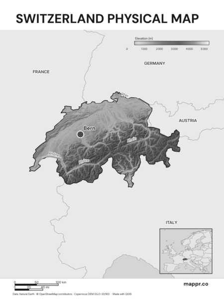 Map featuring Bern, the capital of Switzerland, with rich topographical detail (black and white).