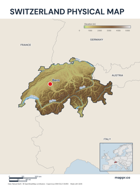Map featuring Bern, the capital of Switzerland, with rich topographical detail.