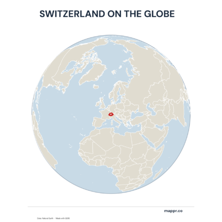 A map highlighting Switzerland's location on a globe, marked with a red outline.