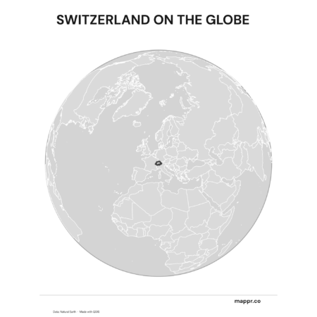A map highlighting Switzerland's location on a globe, marked with a red outline (black and white).
