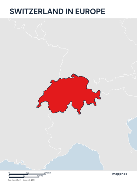 A map highlighting Switzerland's location on the european continent.