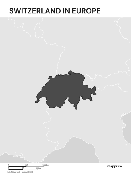 A map highlighting Switzerland's location on the european continent (black and white).