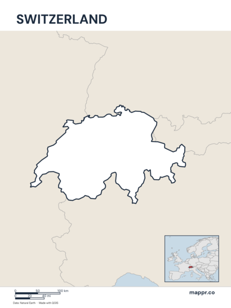 Outline map of Switzerland with detailed country borders.