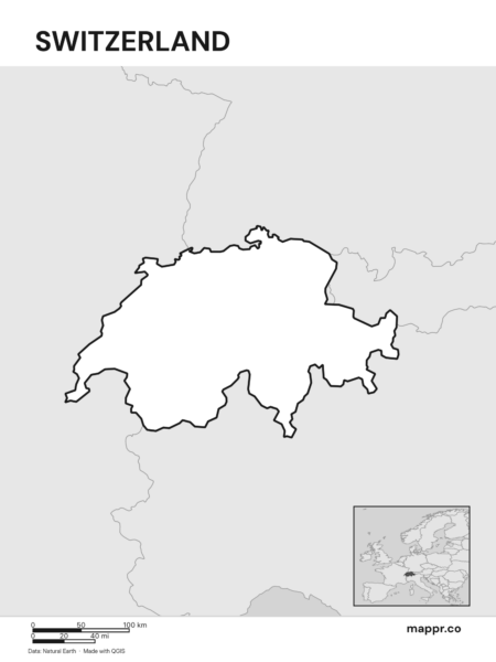 Outline map of Switzerland with detailed country borders (black and white).