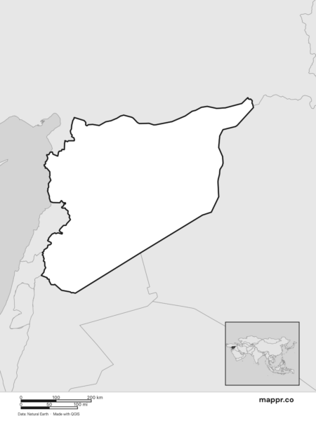 Blank political map of Syria showing its international borders without labels (black and white).