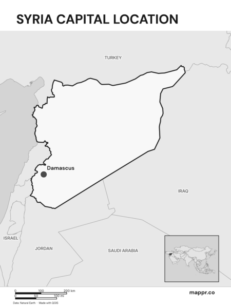 Detailed map pinpointing Damascus, the capital of Syria (black and white).