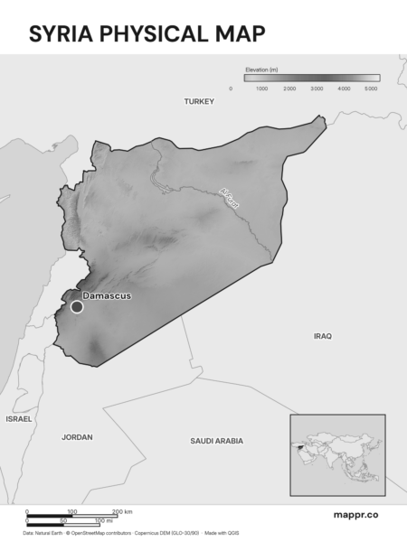 Map featuring Damascus, the capital of Syria, with rich topographical detail (black and white).