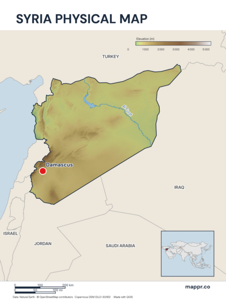 Map featuring Damascus, the capital of Syria, with rich topographical detail.