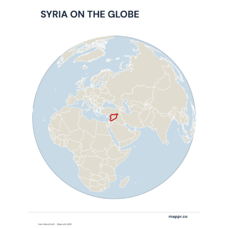 A map highlighting Syria's location on a globe, marked with a red outline.