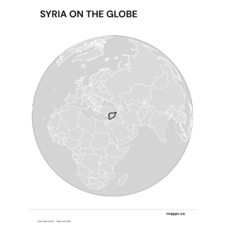A map highlighting Syria's location on a globe, marked with a red outline (black and white).