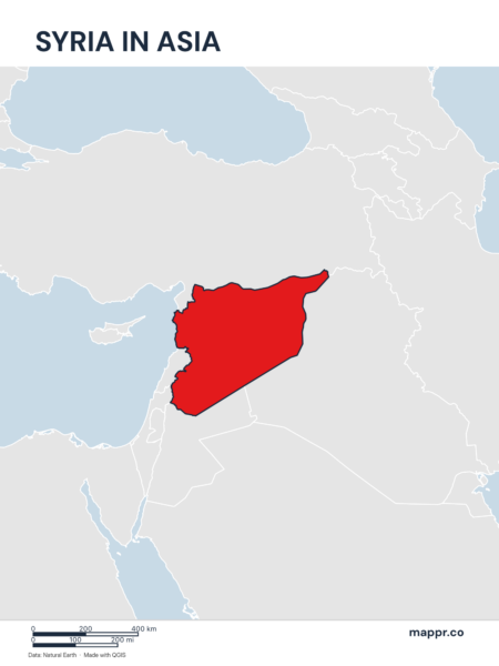 A map highlighting Syria's location on the asian continent.