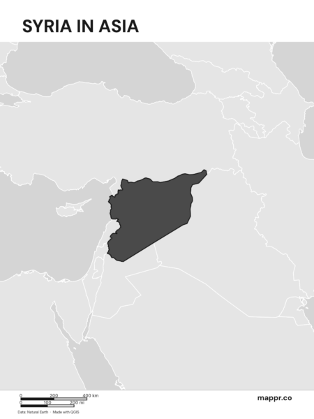 A map highlighting Syria's location on the asian continent (black and white).