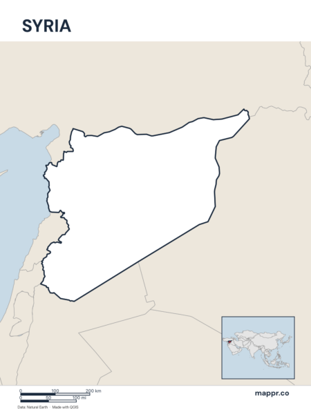 Outline map of Syria with detailed country borders.