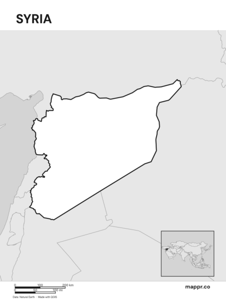 Outline map of Syria with detailed country borders (black and white).