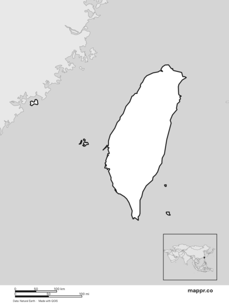 Blank political map of Taiwan showing its international borders without labels (black and white).