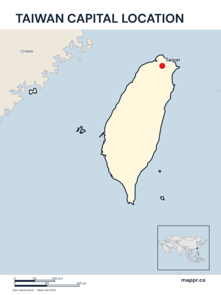 Detailed map pinpointing Taipei, the capital of Taiwan.