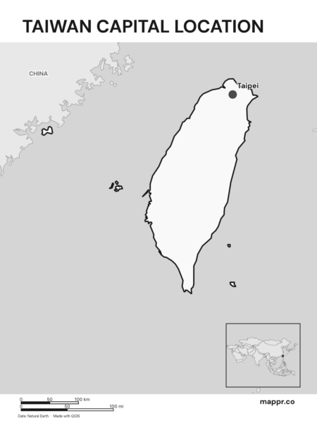 Detailed map pinpointing Taipei, the capital of Taiwan (black and white).